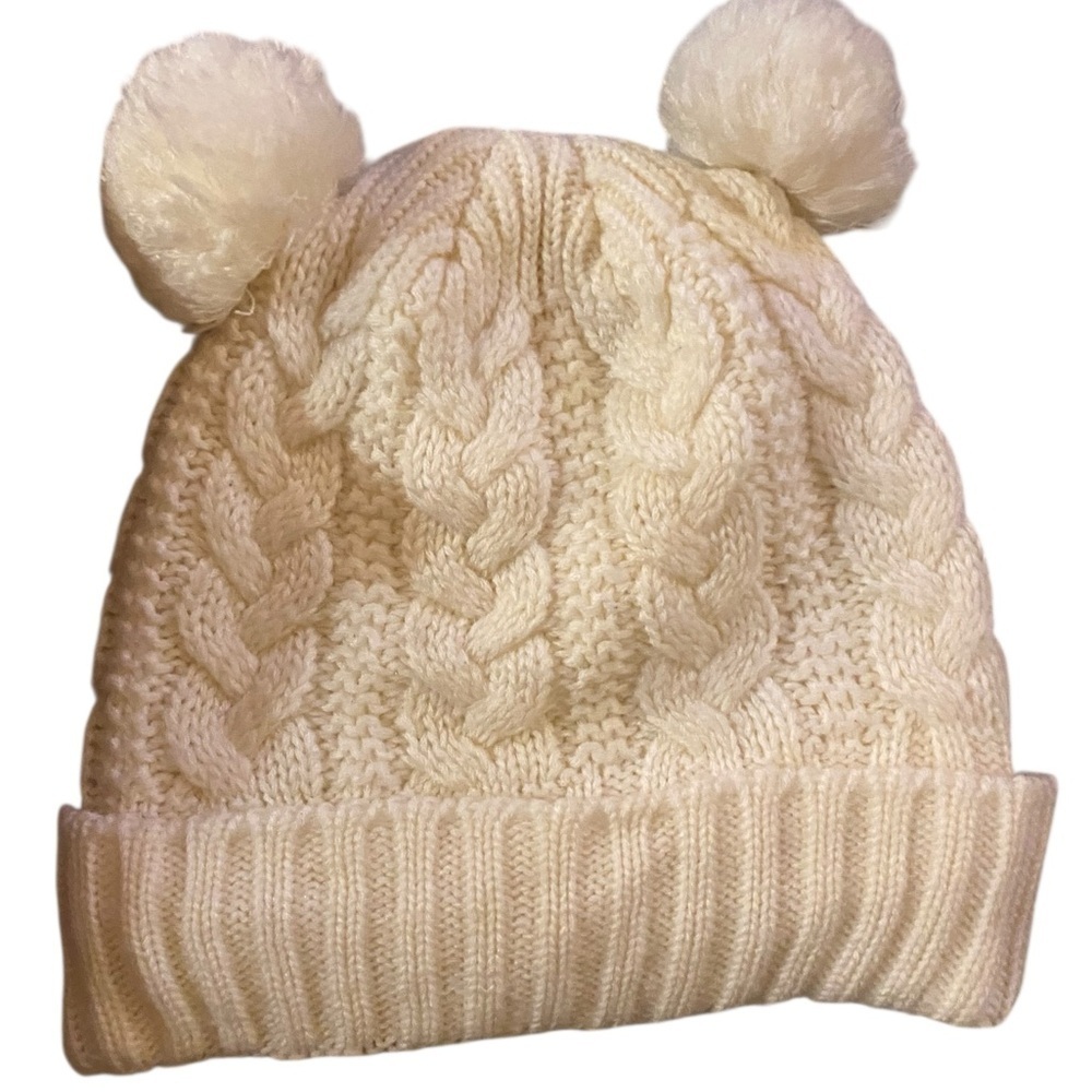 Cream Cable knit Teddy Bear Pom Pom Ears Beanie 
sherpa lined winter Hat kawaii